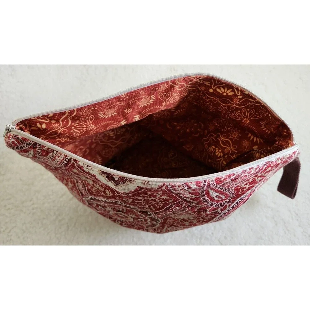 Fabric Tapestry Pattern Makeup Bag, Zippered Project Bag, Cream, Red Pouch